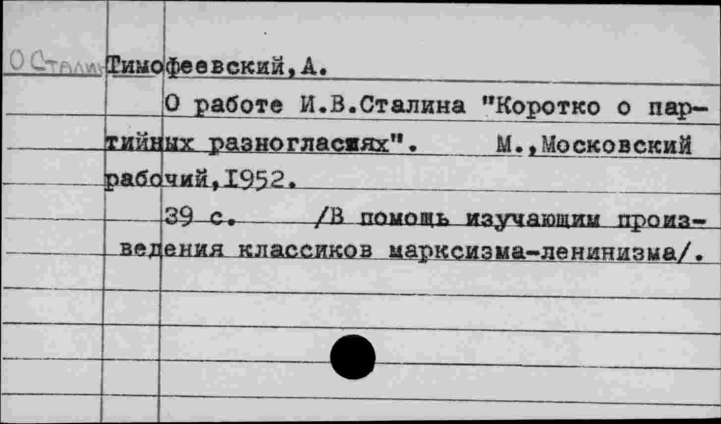 ﻿0 СткЛ1Лк	Тимо	феевский»А.
		О работе И.В.Сталина "Коротко о пар-
	тмин	1ых разногласиях"»	М.11Мрсковский
	рабе	чий,1952.	 39 с«	/В помощь изучающим произ-
	вел	ения классиков марксизма-ленанизма/.
		
		
		
		
		